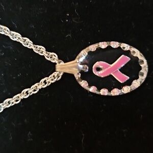 Breast Cancer Awareness Pink Ribbon Crystal Necklace On Silvertone Chain NWOT